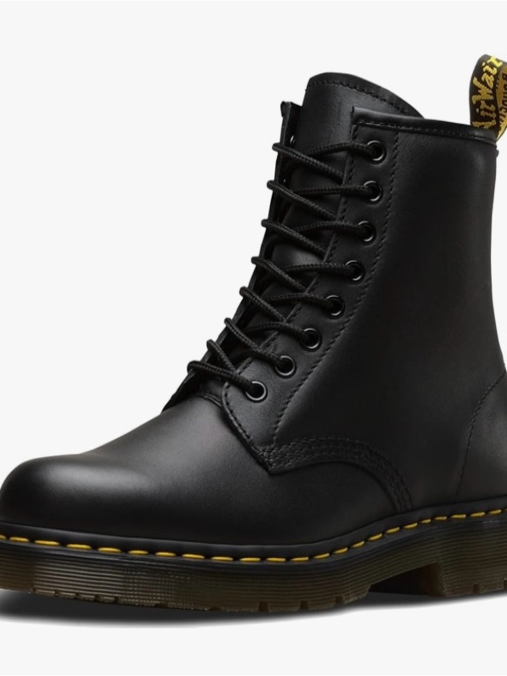 Dr. Martens Black Leather 8-Eye Lace-Up Boot with Yellow Stitching